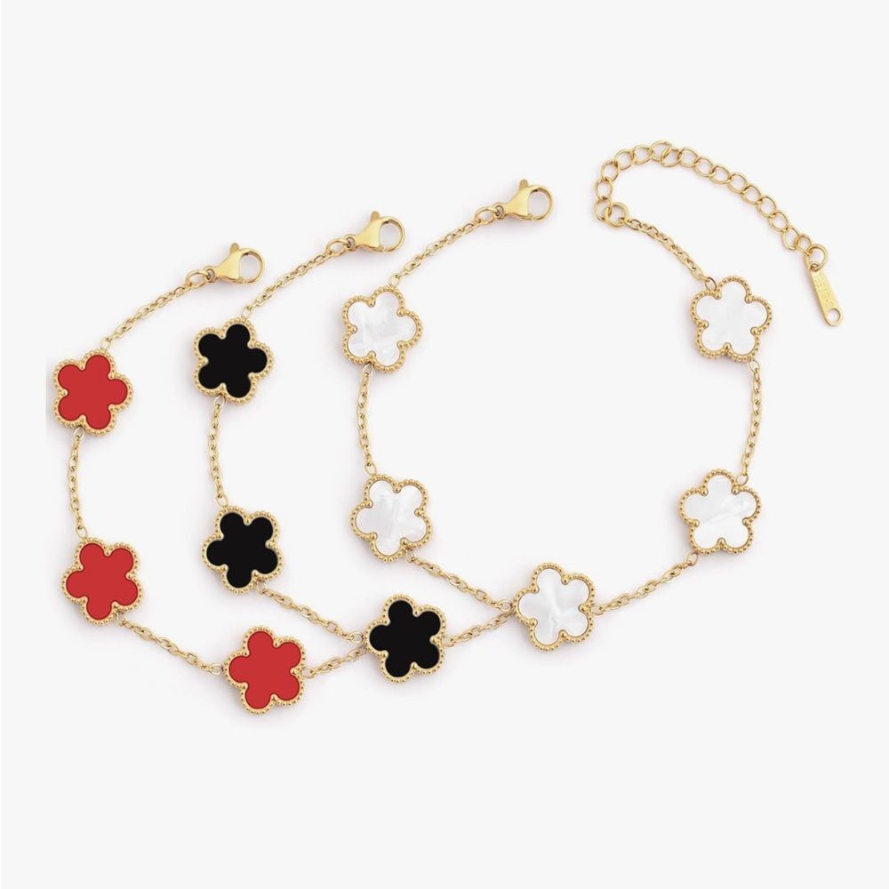 18K Gold Dainty Four Leaf Clover Charm Bracelet Van Cleef Style Set 3 Piece Lux